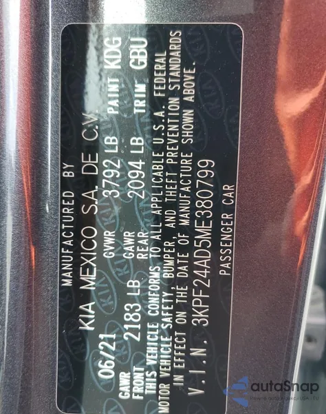 2021 Kia Forte Fe z USA, uszkodzony, nr VIN 3KPF24AD5ME380799